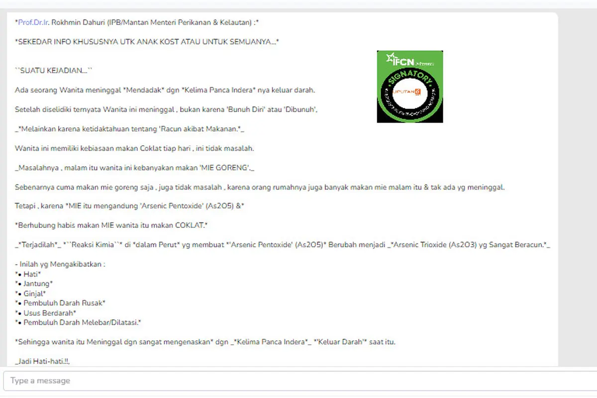 Tangkapan layar klaim info dari Kemenkes wanita meninggal panca inderanya keluar darah akibat makan mie dan coklat,