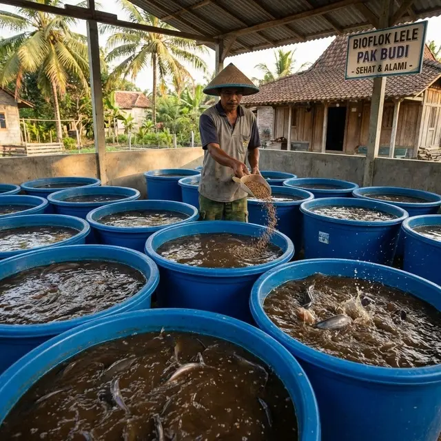 Memberi pakan ternak ikan lele bioflok (Gemini AI)