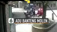 Kejadian tak terduga dialami pengendara motor ini karena menabrak mesin molen cor.