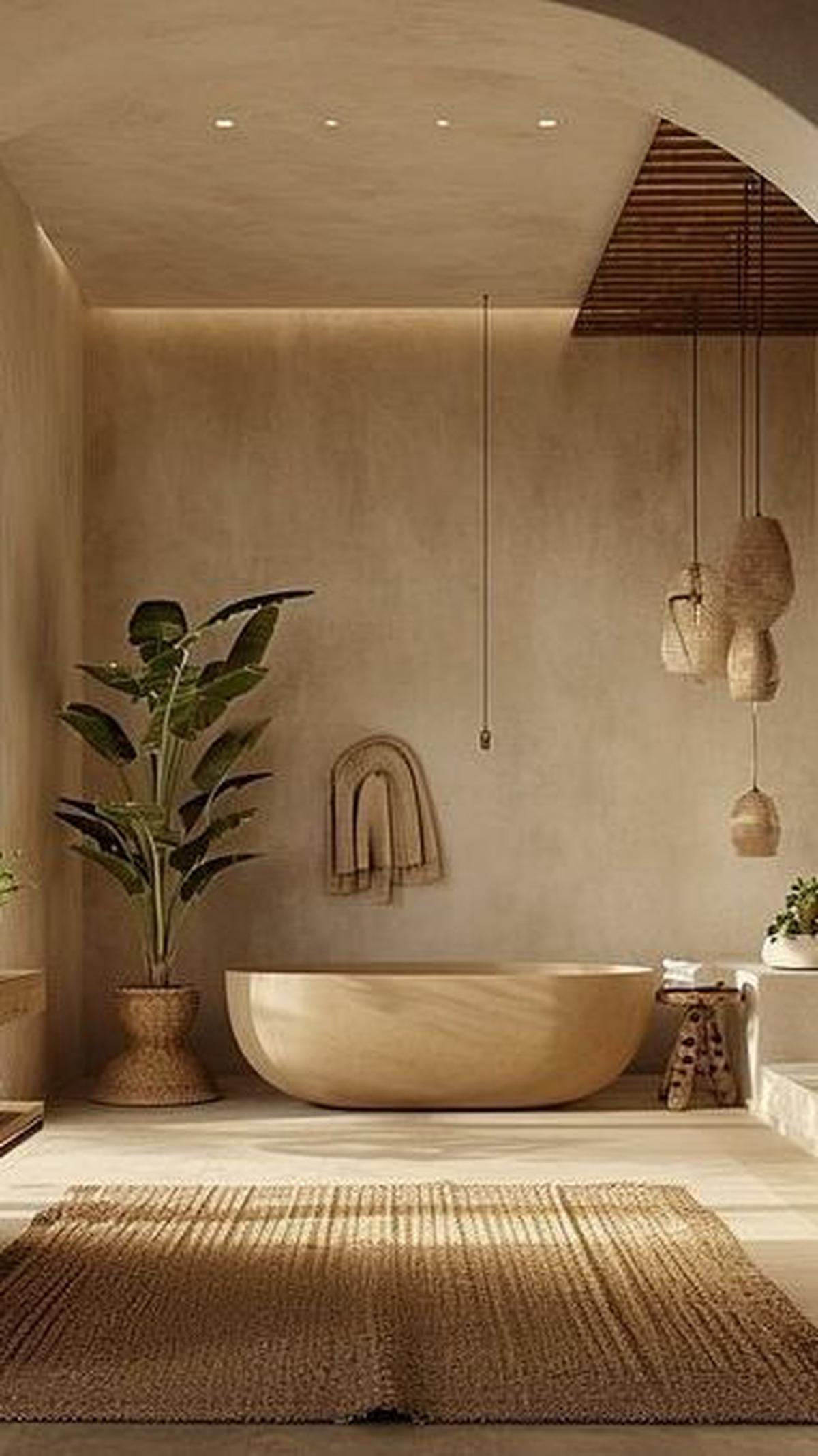 4. Desain Kamar Mandi Mediterania dengan Lampu Gantung<br>