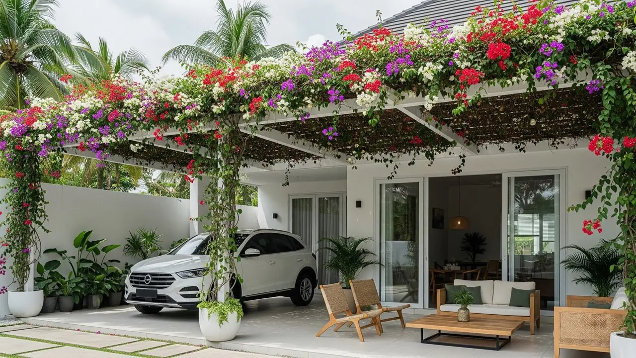 Desain Teras Sekaligus Carport dengan Tanaman Rambat