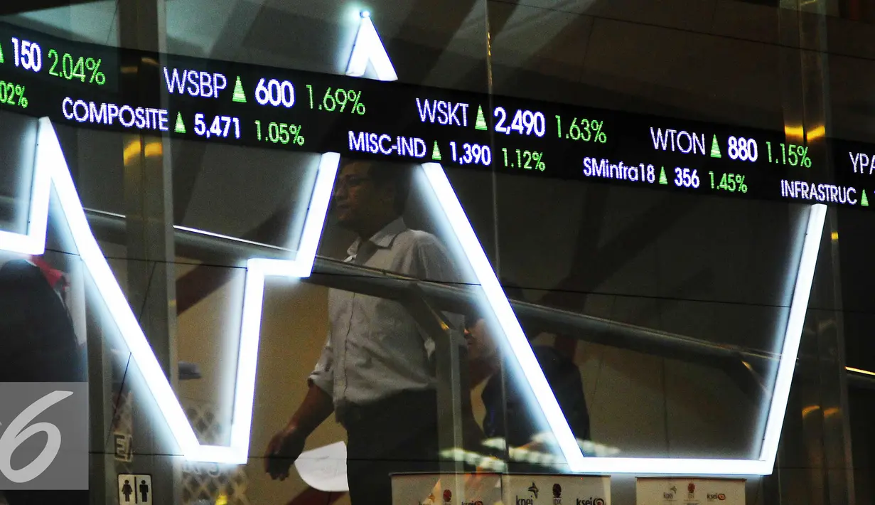 Pengunjung melintas di depan layar indeks harga saham gabungan di Bursa Efek Indonesia, Jakarta, Kamis (10/11). IHSG pada perdagangan Kamis, 10 November 2016, dibuka di teritori positif di level 5.444,04. (Liputan6.com/Angga Yuniar)