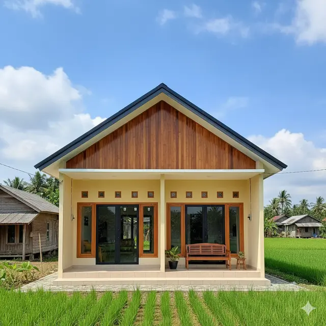 Model Rumah Murah Tapi Elegan dengan Atap Limas 2025 di Kampung (Image by Gemini AI)