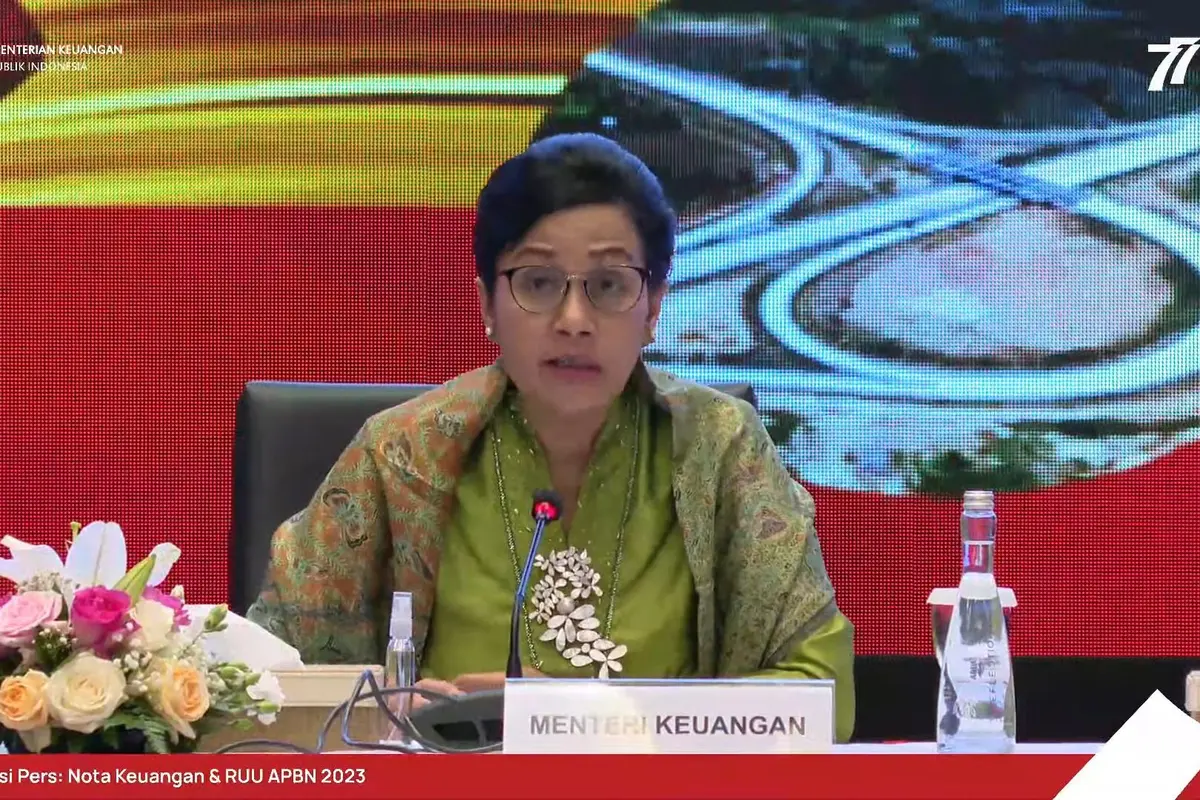 Menteri Keuangan Sri Mulyani Indrawati dalam Konferensi Pers: Nota Keuangan & RUU APBN 2023, Selasa (16/8/2022).