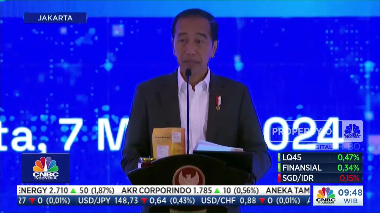 Presiden Joko Widodo (Jokowi) dalam acara BRI Microfinance Outlook 2024, di Jakarta, Kamis (7/3/2024). (Arief/Liputan6.com)