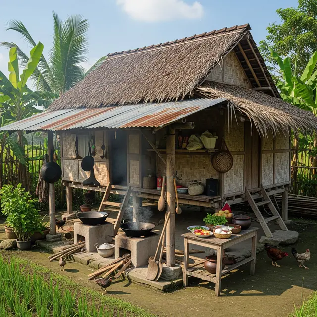 Desain Rumah Desa dengan Dapur Outdoor Sederhana (Image by Gemini AI)