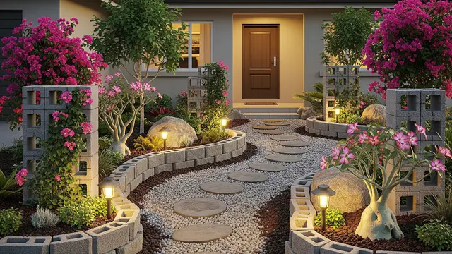 Inspirasi Taman Kering Depan Rumah dengan Kombinasi Roster dan Tanaman Tropis (Image by Gemini AI)