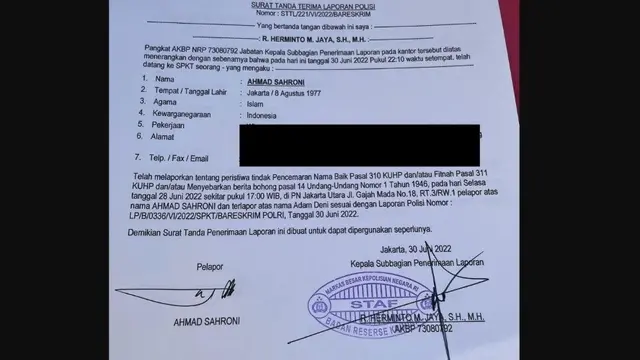 Wakil Ketua Komisi III DPR RI yang juga Bendahara Umum Partai NasDem Ahmad Sahroni kembali melaporkan Adam Deni ke polisi.