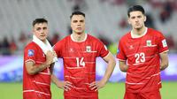 Raut lesu pemain Timnas Indonesia, Eliano Reijnders (kiri), Joey Pelupessy (tengah), dan Justin Hubner setelah kalah dari Bulgaria dalam final FIFA Series 2026 di tadion Utama Gelora Bung Karno, Senayan, Jakarta, Senin (30/03/2026). (Bola.com/M Iqbal Ichsan)