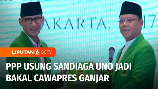 Rapimnas Partai Persatuan Pembangunan (PPP) resmi mengusung Sandiaga Uno sebagai bakal cawapres untuk mendampingi Ganjar Pranowo pada pilpres 2024. PPP juga menugaskan Sandiaga Uno sebagai Ketua Badan Pemenangan Pemilu (Bapilu) PPP.