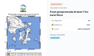 Gempa hari ini, Kamis (7/5/2026) pukul 13:17:45 WIB menggetarkan wilayah Muna, Provinsi Sulawesi Tenggara (Sultra). (www.bmkg.go.id)