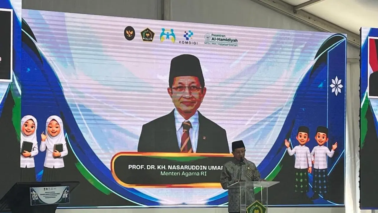 Menteri Agama Nasaruddin Umar saat peluncuran Gerakan Nasional Ruang Aman dan Nyaman untuk Anak di Pesantren Al-Hamidiyah, Depok, Minggu (12/7/2026) (Antara)