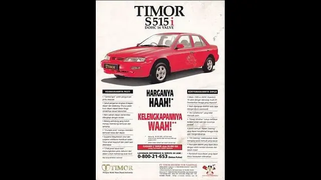 12. Generasi 90-an pasti inget mobil sedan yang satu ini dong. Yap, mobil Timor. Mobi ini dibuat pada tahun 1998 dengan harga jual sekitar Rp 30 juta.