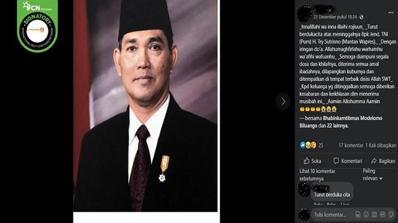 Gambar Tangkapan Layar Kabar Hoaks tentang Wakil Presiden ke-6 Try Sutrisno Meninggal Dunia pada 21 Desember 2022 (sumber: Facebook).