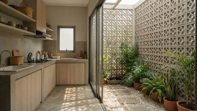 Dapur dengan Dinding Roster Estetik untuk Privasi