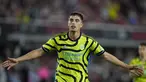 Gelandang Arsenal Kai Havertz berselebrasi setelah mencetak gol ke gawang MLS All-Stars pada pertandingan pramusim di Audi Field, Amerika Serikat, Kamis (20/7/2023). (AP Photo/Alex Brandon)