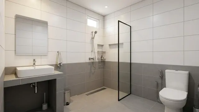 Kamar Mandi Dengan Kombinasi Warna Putih dan Abu-Abu