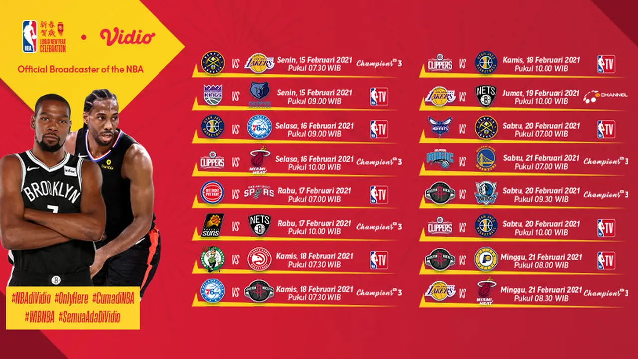 Jadwal NBA 2020/2021 pekan sembilan di Vidio