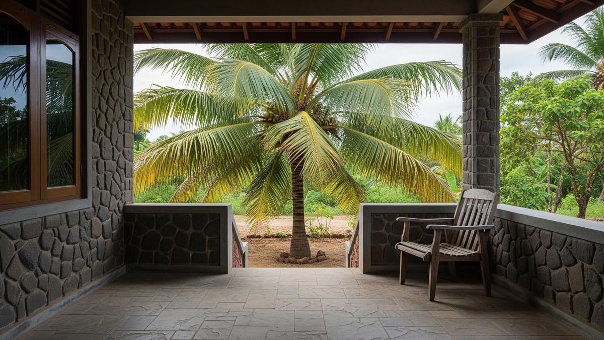 9 Inspirasi Teras Rumah Kampung Ada Pohon Kelapa Biar Adem Alami, Bikin Betah
