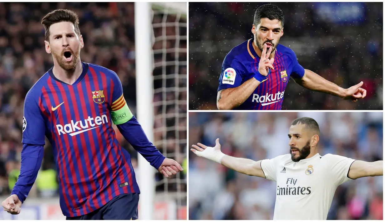 Striker Barcelona, Lionel Messi, berada posisi teratas dalam perburuan gelar top scorer Liga Spanyol dengan koleksi 29 gol. Berikut para pencetak gol terbanyak sementara di La Liga 2019. (Foto Kolase AP dan AFP)
