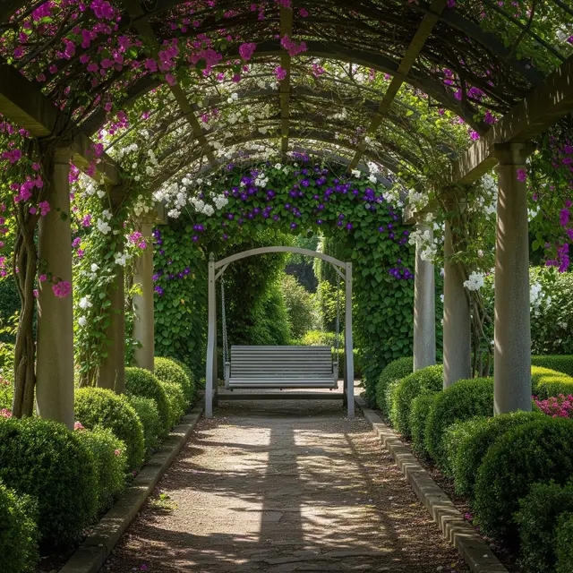 Desain Kebun Rumah dengan Lorong Tanaman Rambat ala Taman Eropa (AI)