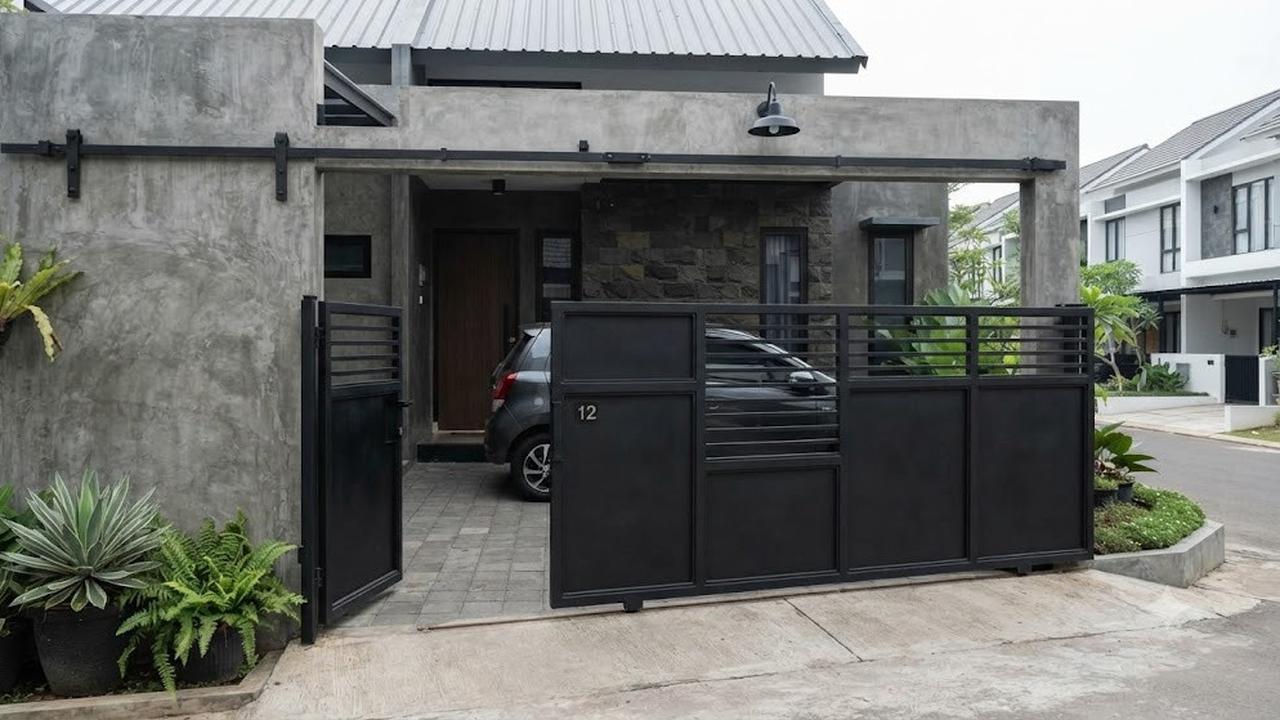 Pintu Pagar Geser Industrial Hitam Doff (AI Generated)