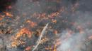 Kebakaran besar yang terjadi di pasar Bangabazar di Dhaka (4/4) pagi masih berkobar saat petugas pemadam kebakaran berusaha mengendalikannya. (AP/Mahmud Hossain Opu)