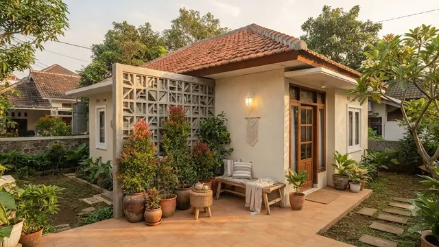 Ide Teras Rumah dengan Pucuk Merah dan Roster Beton