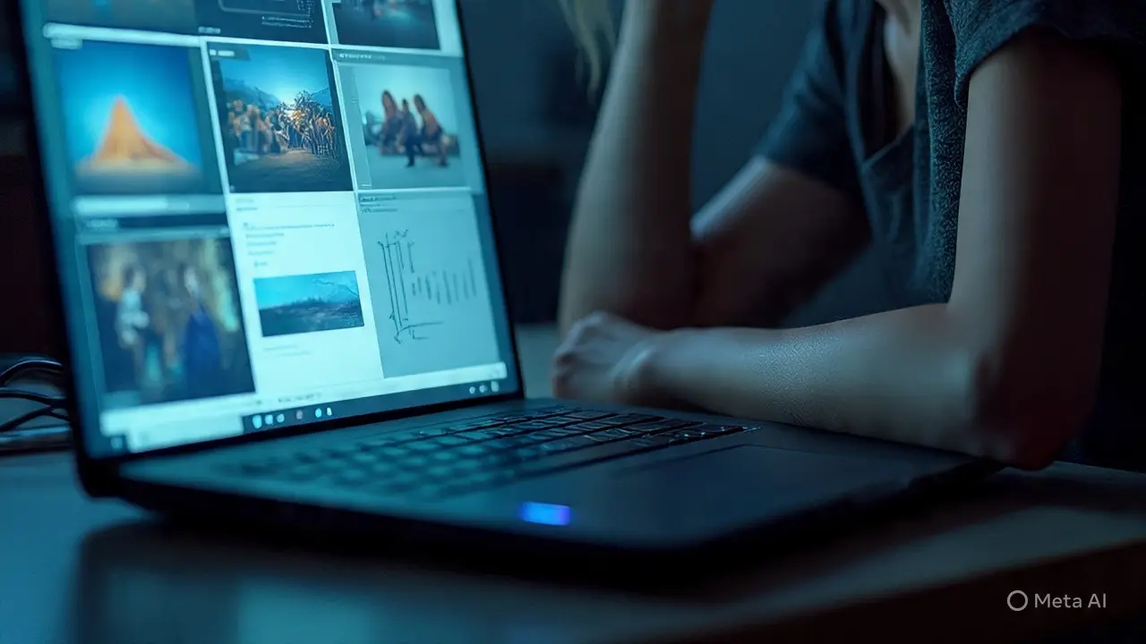 Ilustrasi Taylor Swift depresi di depan laptop (Meta AI).