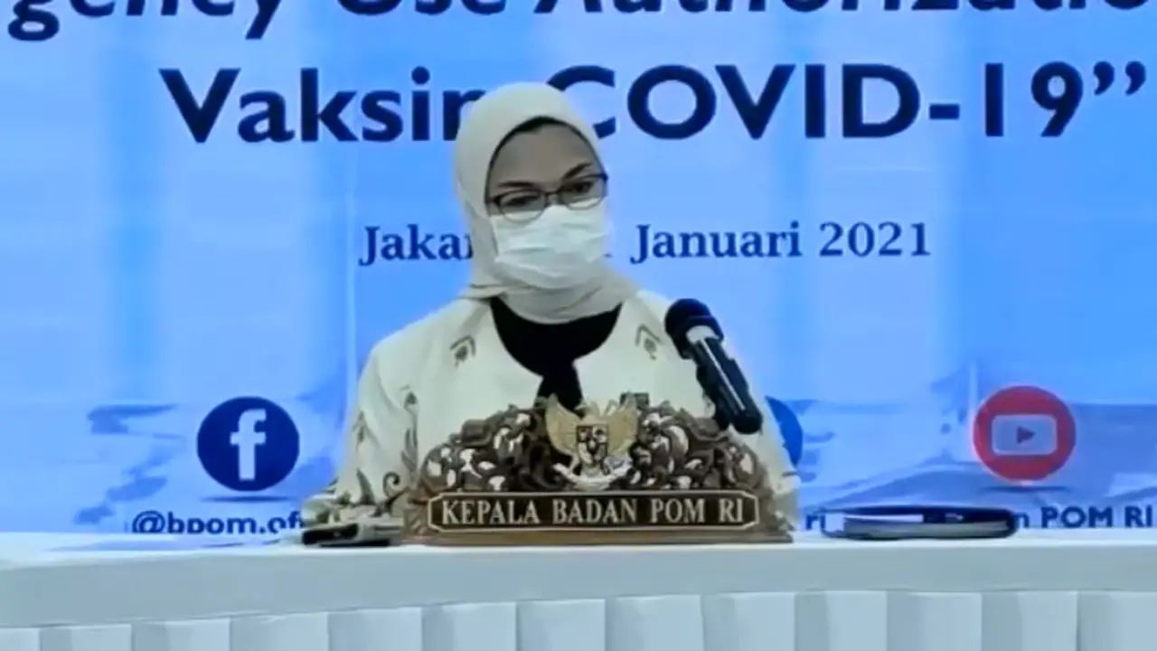 Kepala Badan Pengawas Obat dan Makanan (BPOM) Penny Lukito dalam konferensi pers emergency use authorization (EUA) vaksin COVID-19. (Foto: Tangkapan laya YouTube BPOM RI)