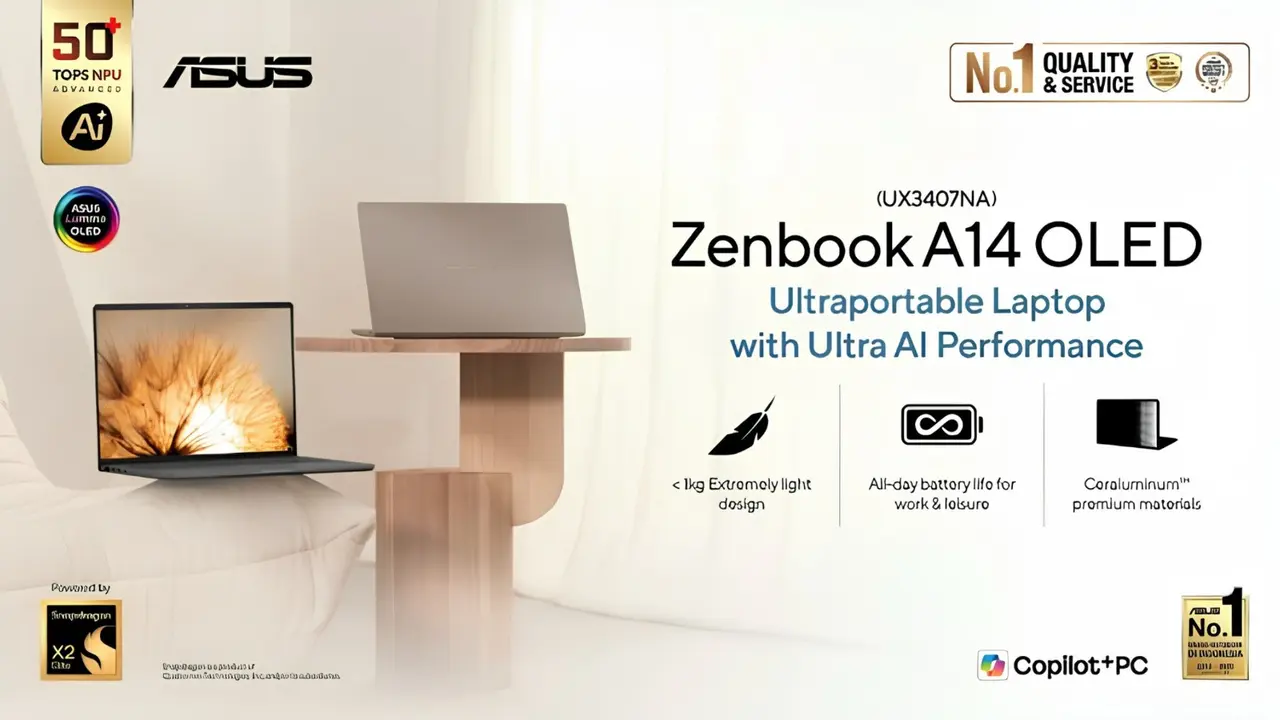 ASUS Zenbook A14 OLED (UX3407NA): Powerful dengan 18-Core, Ringan di Bawah 1 Kg, dan Irit Nyaris 24 Jam