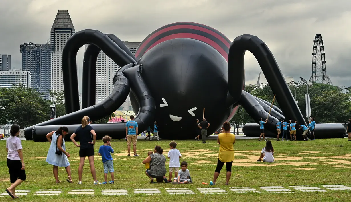 Sejumlah orang melihat balon laba-laba raksasa di kawasan Marina Bay, Singapura, Senin (6/2). Balon buatan seniman Singapura Jackson Tan tersebut dibuat untuk memeriahkan acara festival cahaya di Singapura. (AFP PHOTO / ROSLAN RAHMAN)