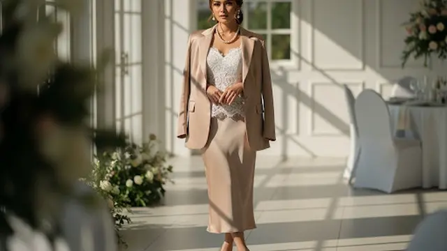 Brokat Putih dengan Satin Blazer Nude