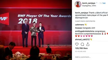 Pasangan bulu tangkis ganda putra Indonesia Marcus Fernaldi Gideon/Kevin Sanjaya Sukamulyo, atau akrab disapa pasangan Minions, meraih penghargaan dunia sebagai Pemain Putra Terbaik 2018 dari IBF.
