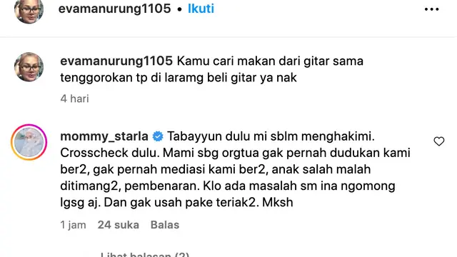 Unggahan ibunda Virgoun yang kemudian ditanggapi Inara Rusli. (Foto: Dok. Instagram @evamanurung1105)