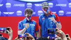 Tim Pertamina Mandalika SAG yang akan berlaga di ajang Moto2 2022 diperkenalkan dalam acara peluncuran tim di Mandalika GP Hub, Epiwalk, Jakarta, Kamis (10/3/2022). Duo pembalap Pertamina Mandalika SAG Team, Bo Bendsneyder dan Gabriel Rodrigo ikut dihadirkan. (Bola.com/M Iqbal Ichsan)
