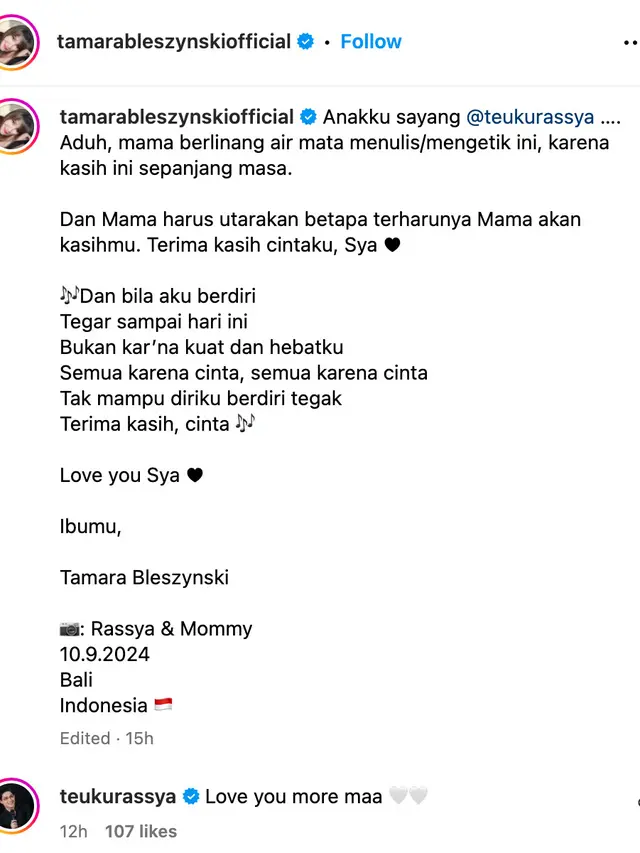 Unggahan Tamara Bleszynski. (Foto: Dok. Instagram @tamarableszynskiofficial)