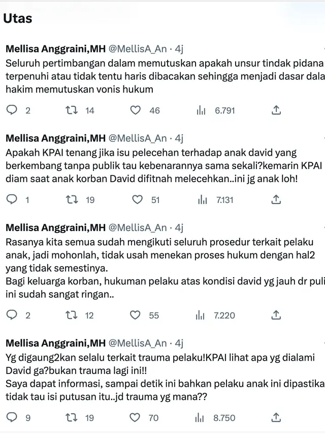Cuitan pengacara David Ozora, Mellisa Anggraini. (Foto: Dok. Twitter @MellisA_An)