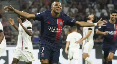 Gol-gol PSG dipersembahkan Kylian Mbappe (brace), Achraf Hakimi, dan Marco Asensio. (AP Photo/Laurent Cipriani)