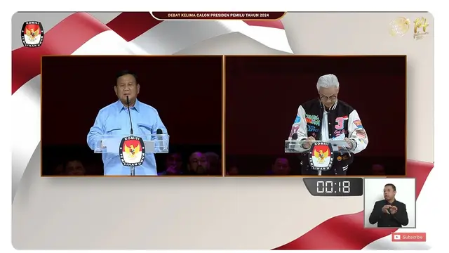 Calon Presiden (Capres) nomor urut 02 Prabowo Subianto dan Capres nomor urut 03 Ganjar Pranowo saat debat Pilpres 2024 terakhir yang digelar Minggu (4/2/2024) di JCC.