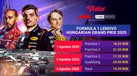 Saksikan live streaming Formula 1 Lenovo Hungarian Grand Prix 2025 di Vidio. Jangan lewatkan nonton balapan mobil Formula 1 Lenovo Hungarian Grand Prix 2025 akhir pekan ini hanya di Vidio. (sum. doc. vidio.com)