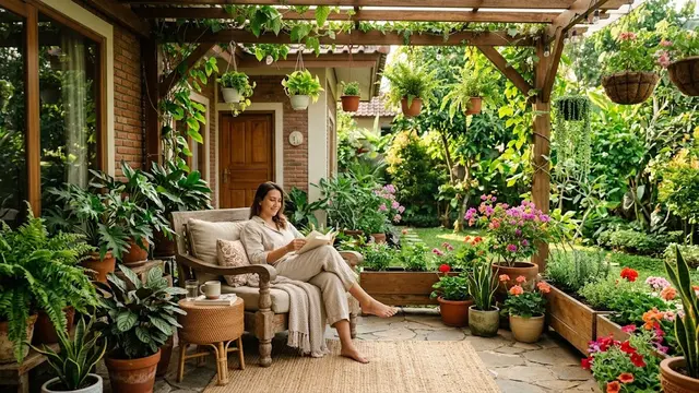 Model Teras Rumah Nyaman untuk Bersantai dan Berkebun/AI Generated