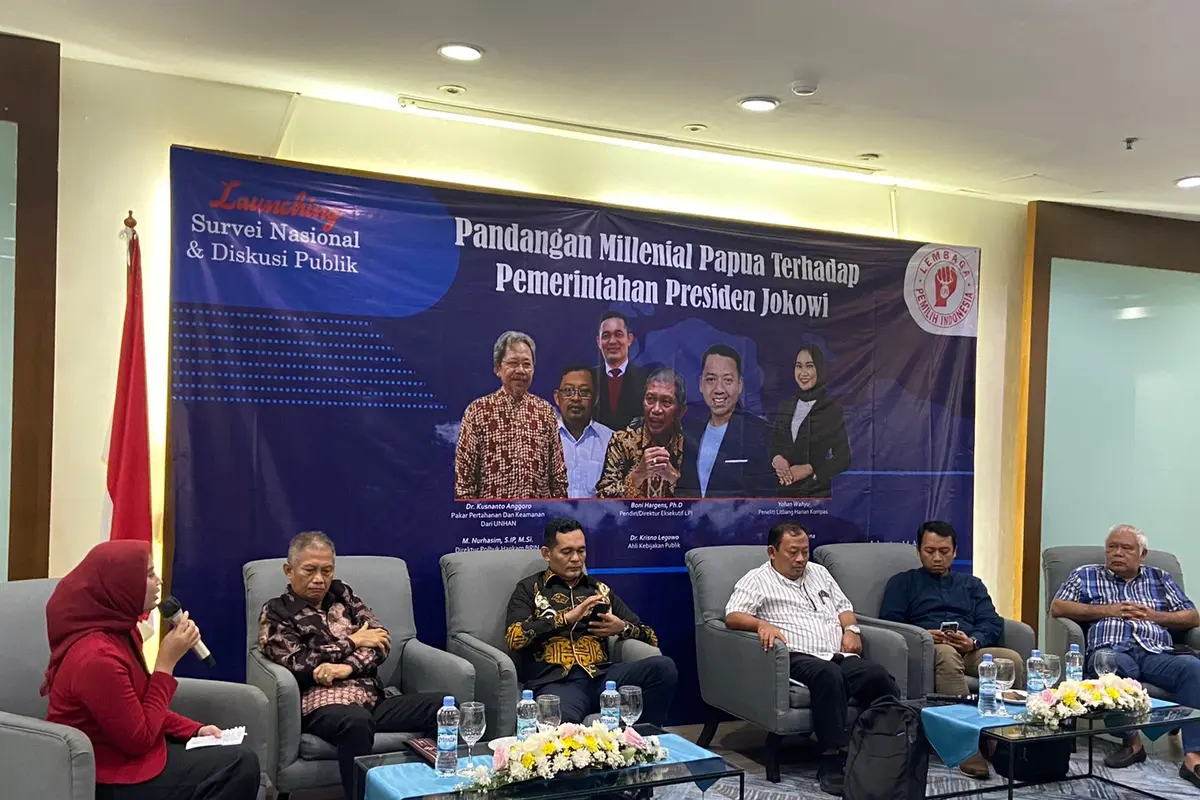 Launching Survei Nasional dan Diskusi Publik bertajuk ‘Pandangan Milenial Papua terhadap Pemerintahan Presiden Jokowi’, di Hotel Aryaduta, Semanggi, Jakarta, Jumat (14/4/2023) (Istimewa)