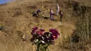 Bunga ditempatkan untuk menghormati Kobe Bryant di lokasi kecelakaan helikopter yang menewaskan Bryant, putrinya Gianna, dan tujuh orang lainnya satu tahun lalu di Calabasas, California, Amerika Serikat, Selasa (26/1/2021). (AP Photo/Marcio Jose Sanchez)