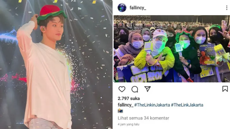 Mark Lee di konser NCT 127 di Singapura menggunakan topi semangka milik Fallincy.