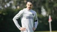 Mantan Striker Manchester United, Zlatan Ibrahimovic, melakukan latihan saat perkenalan oleh LA Galaxy di StubHub Center, AS, Sabtu (30/3/3028). LA Galaxy menjadi klub kesembilan sepanjang karier pria Swedia ini. (AP/Ringo H.W. Chiu)