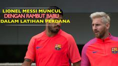 Lionel Messi dengan dandanan barunya muncul di depan publik pertama kali dalam latihan bersama Barcelona di St George's Park, Inggris.