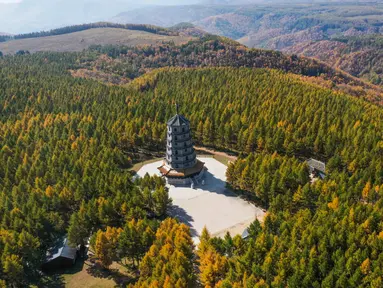 Foto dari udara yang diabadikan pada 27 September 2020 ini menunjukkan pemandangan musim gugur di Taman Hutan Nasional Saihanba di Chengde, Provinsi Hebei, China utara. (Xinhua/Liu Mancang)