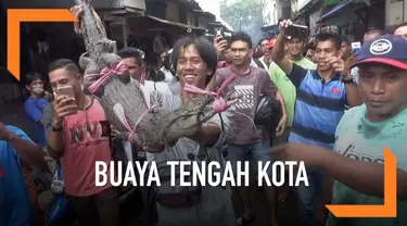 Warga di tengah Kota Ambon dikagetkan dengan kemunculan seekor buaya saat mereka beraktivitas.