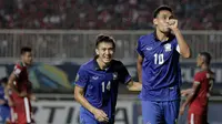 Striker Thailand, Teerasil Dangda, merayakan gol yang dicetaknya ke gawang Timnas Indonesia pada laga final leg pertama Piala AFF 2016 di Stadion Pakansari, Jawa Barat, Rabu (14/12/2016). Indonesia menang 2-1 atas Thailand. (Bola.com/Peksi Cahyo)